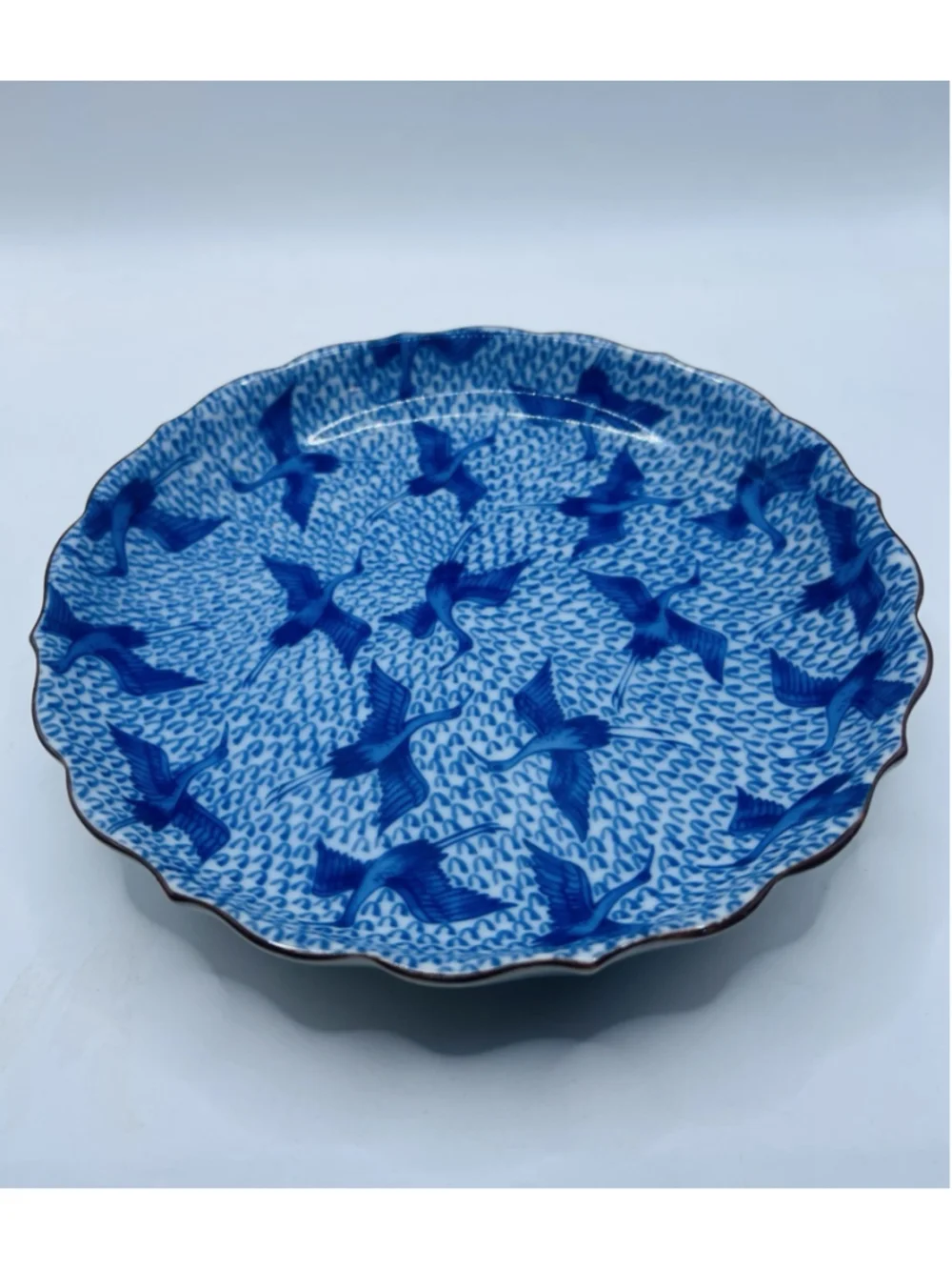 Vintage Fitz & Floyd Blue Stork Scalloped Plate & Trinket Dish Japan Birds 2pc